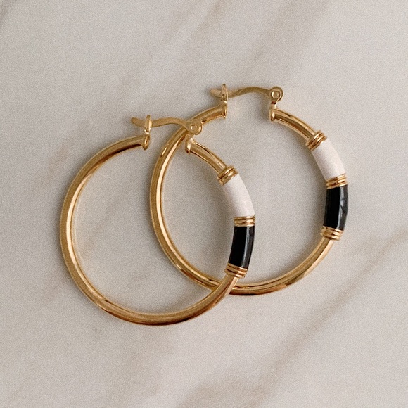 Black White Enamel Tube Hoops | 18k Gold Filled - Picture 2 of 6